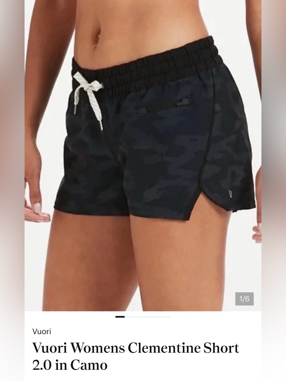 Vuori Womens Clementine Short 2.0 in Black Camo with White Drawcord